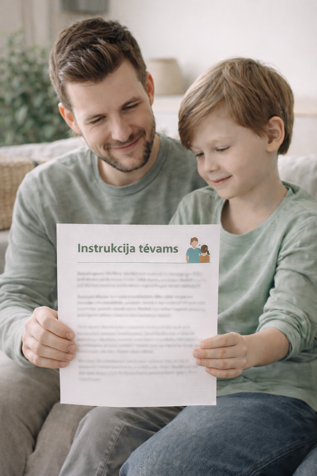 Tėvas ir vaikas kartu laiko „Du namai“ instrukciją
